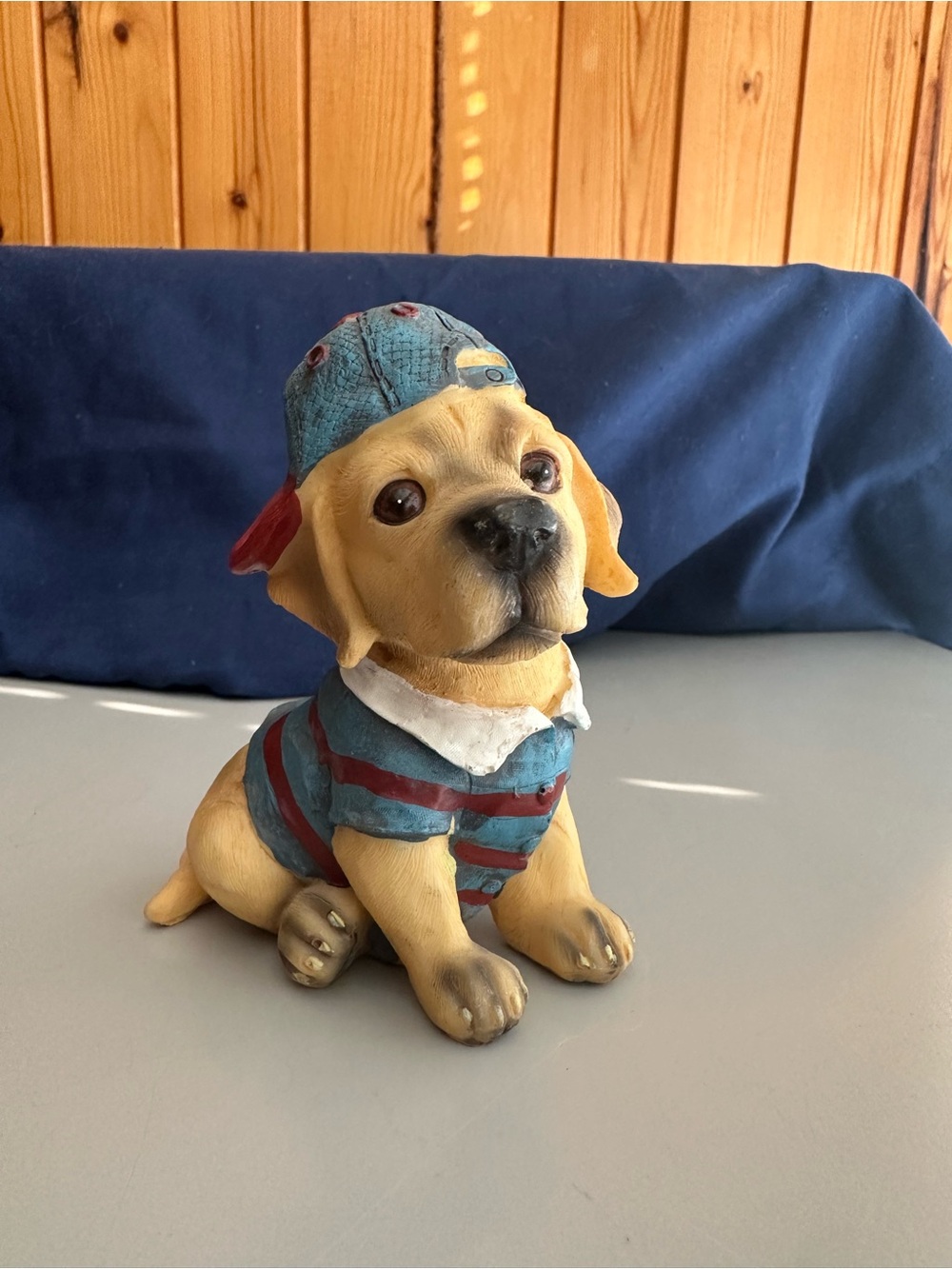 Blue and Red Striped Puppy Statue - Decorative Dog Figurine